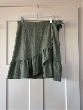 FRNCH Paris Women’s Green Linen Blend Tie Wrap Ruffle Skirt Size L